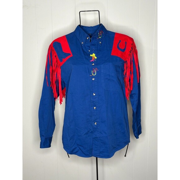 Vintage Handmade Blue Red Western Cowboy Fringe Shirt Boots Horseshoe Button - Picture 1 of 7